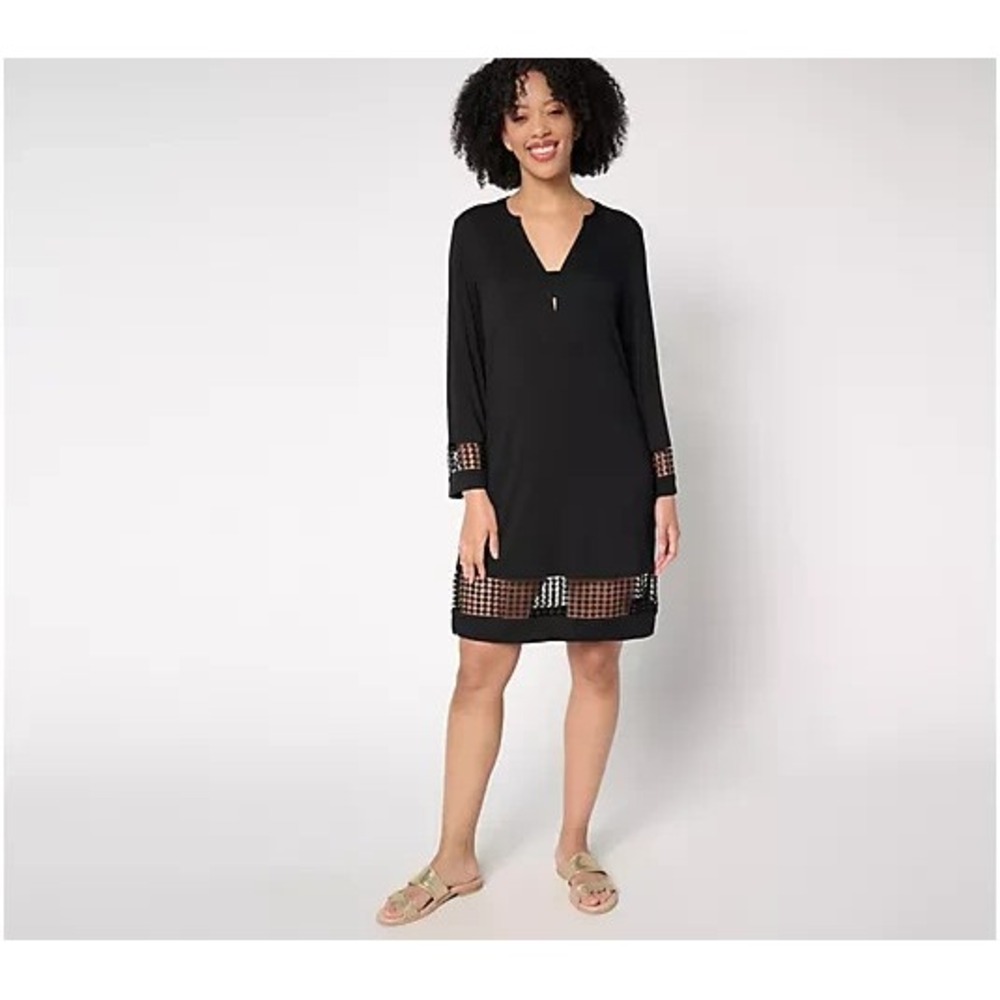 Susan Graver Soleil Regular Printed Dress with Lace Trim Black, Size 1X